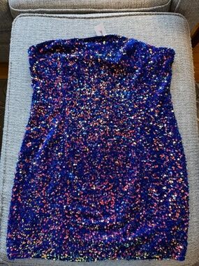 NWT Nasty Gal Royal Blue Strapless Sequin Mini Dress Multicolor Iridescent US 14